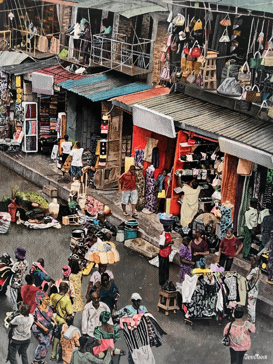 A bustling outdoor market street with many people, clothing stalls, hanging bags, and market stalls under corrugated metal awnings. The scene is dense and detailed, with a wide variety of colors across the crowd and merchandise.