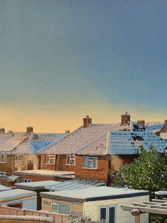A painted scene of suburban terraced houses with snow-covered roofs under a blue sky with a warm yellow glow near the horizon.